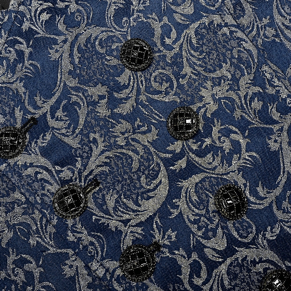 Marineblaue Damast-Gothic-Weste taillierte Passform Styling-Ansicht mit strukturiertem Design und Gesamteindruck