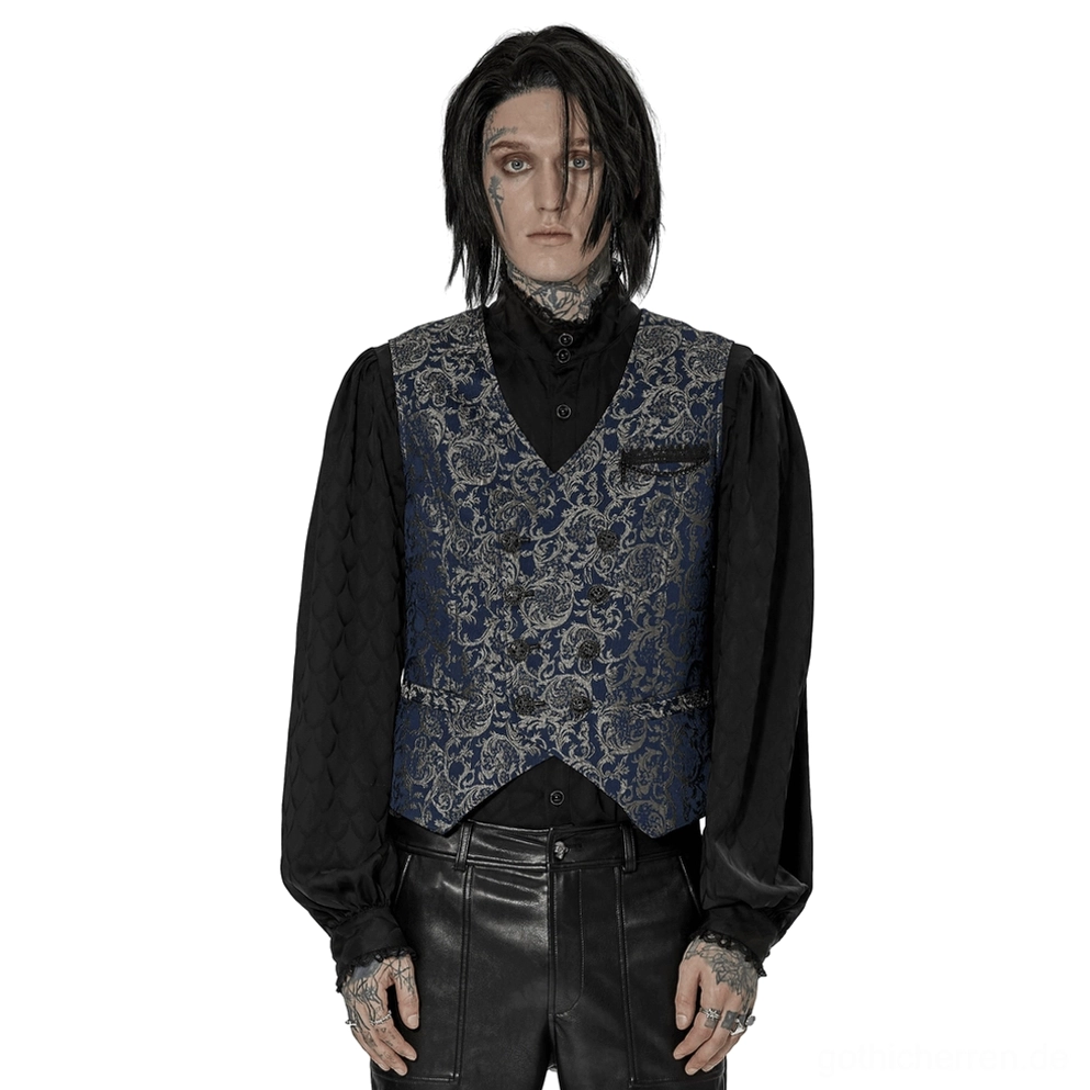 Marineblaue Damast-Jacquard Gothic-Weste Vorderansicht auf männlichem Modell mit schwarzem Stehkragen-Shirt und Lederakzenten