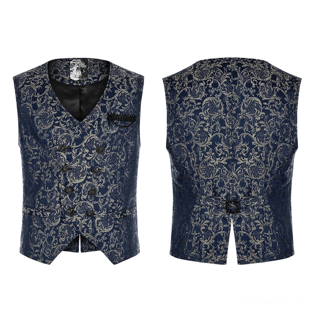 Marineblaue Jacquard-Weste Flachlage Vorder- und Rückseite mit doppelreihigem V-Ausschnitt und silbernem Barockmuster