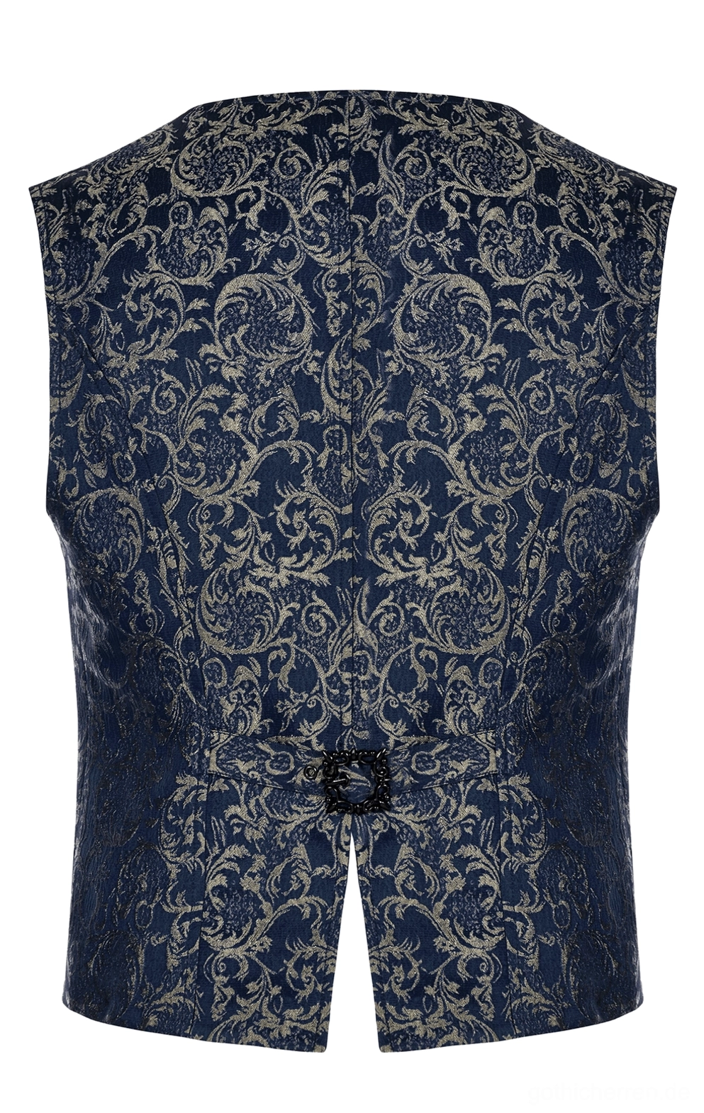 Marineblaue Weste Rückseite Flachlage mit vollständigem Damast-Jacquard-Muster, dekorativem Rückengürtel und gespaltener Saum