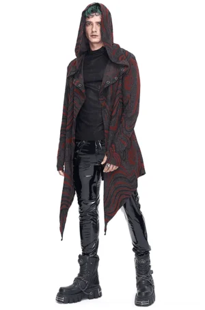 Herren Gothic Kapuzenmantel mit Marmor-Rot-Schwarzmuster und Kettenrückendesign, asymmetrischer Saum und fingerlose Ärmel Frontansicht auf männlichem Model