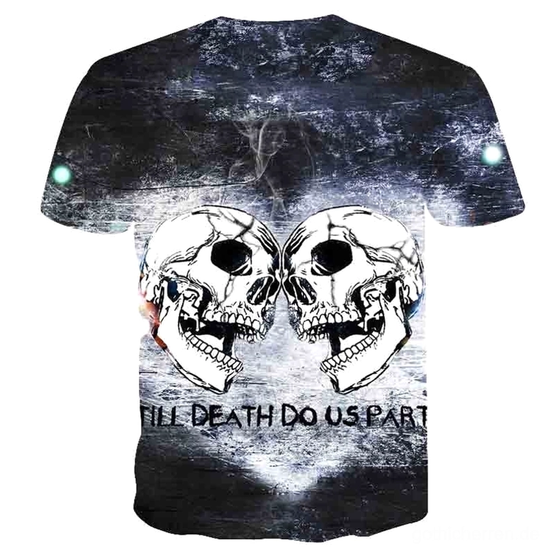 Memento Mori Gothic T-Shirt 3D Totenkopf Druck Rückansicht - Vollständige Design Display mit Grunge Distressed Effekten und dimensionalen Totenkopf Grafiken auf grauem Untergrund
