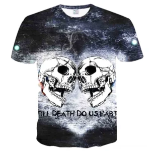 Memento Mori Gothic T-Shirt mit 3D Totenkopf Druck Vorderansicht - Doppelte Totenkopf Grafik mit Till Death Do Us Part Text auf grauem Shirt mit Grunge Distressed Textur