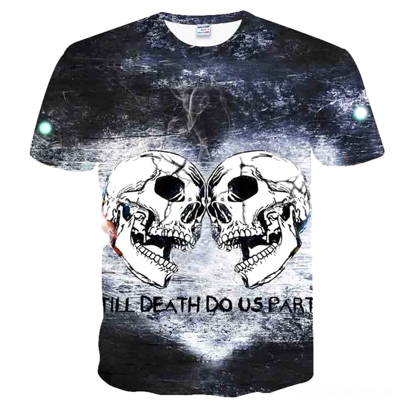 Memento Mori Gothic T-Shirt mit 3D Totenkopf Druck Vorderansicht - Doppelte Totenkopf Grafik mit Till Death Do Us Part Text auf grauem Shirt mit Grunge Distressed Textur