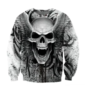 Memento Mori Totenkopf mit Engelsflügeln grauer Gothic Hoodie für Herren mit distressed Tribalmuster und Splatter-Design, Rundhals-Pulli, Dark Aesthetic Streetwear für alternative Mode und Gothic Kultur