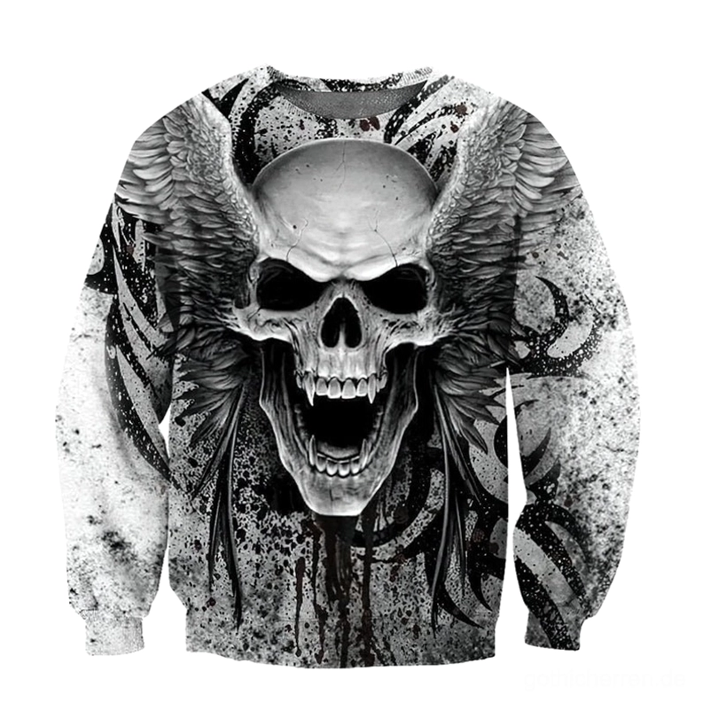 Memento Mori Totenkopf mit Engelsflügeln grauer Gothic Hoodie für Herren mit distressed Tribalmuster und Splatter-Design, Rundhals-Pulli, Dark Aesthetic Streetwear für alternative Mode und Gothic Kultur
