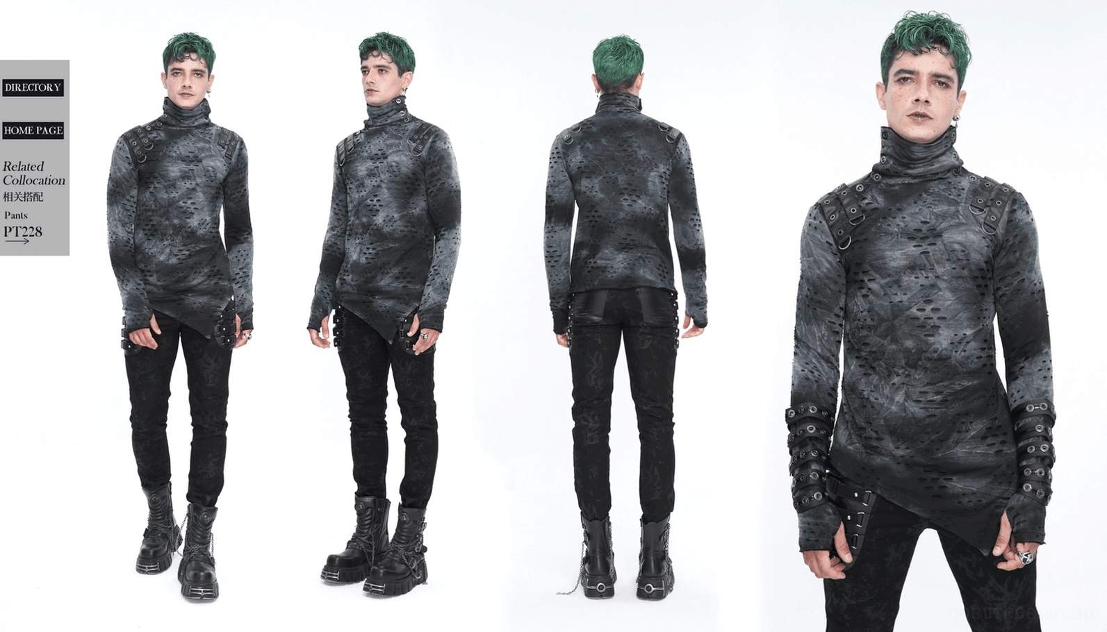 Herren-Gothic asymmetrisches Rollkragen-Shirt Industrial-Design-Ästhetik, dunkle Tie-Dye-perforierte Stoff, moderne gotische Mode-Interpretation