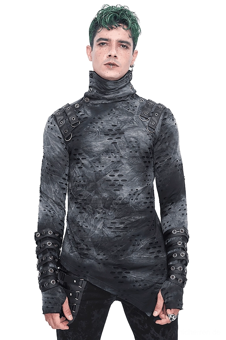Herren-Gothic Asymmetrisches Rollkragen-Shirt mit Schnallengurten, Vorderansicht, dunkler Grautöne mit Tie-Dye-Perforationen, taillierte Silhouette, hochwertige Verarbeitung, Industrial-Ästhetik