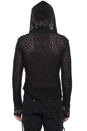 Rückansicht des Gothic-Punk-Mesh-Kapuzenshirts mit asymmetrischer unregelmäßiger Saumlinie und transparentem Strickstoff