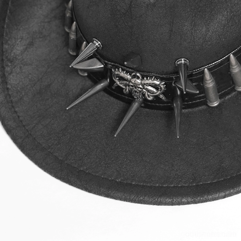Nahaufnahme der Metallspitzen- und Bullet-Nieten-Verzierungen auf dem Gothic Cowboy Hut-Krempenrand, detaillierte Ansicht der Hardware-Verarbeitung und Qualität