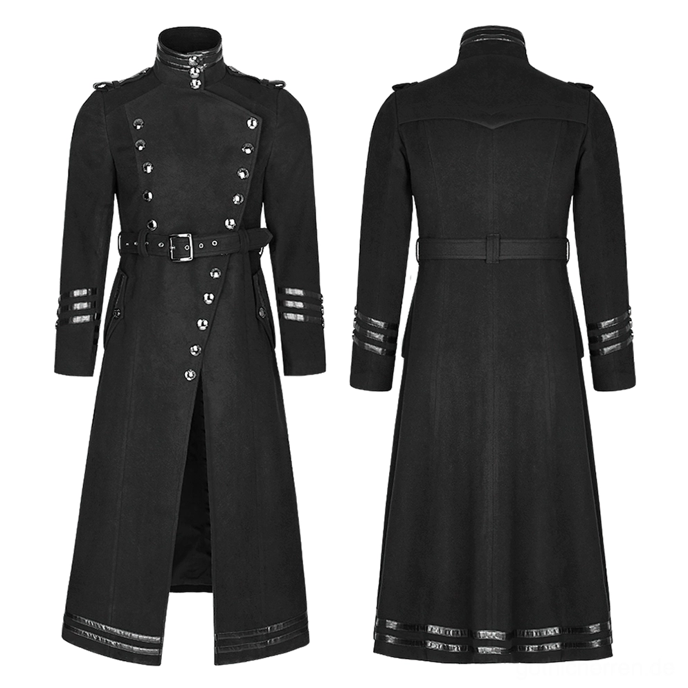 Flache Anzeige des asymmetrischen Military-Gothic-Mantels auf Schneiderpuppen zeigt Doppelreihen-Metallknöpfe Schulter-Epauletten und abnehmbaren Ledergürtel ohne Modell