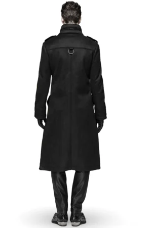 Military Gothic Langmantel – Rückansicht mit D-Ring Hardware Details und präzise taillengenauer Silhouette