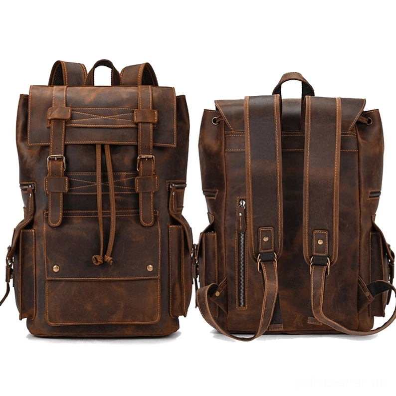 Mittelheller brauner echtes Leder Gothic Rucksack mit Seiten-Reißverschluss-Tasche und verstellbaren Gurten - Vorder- und Rückenansicht