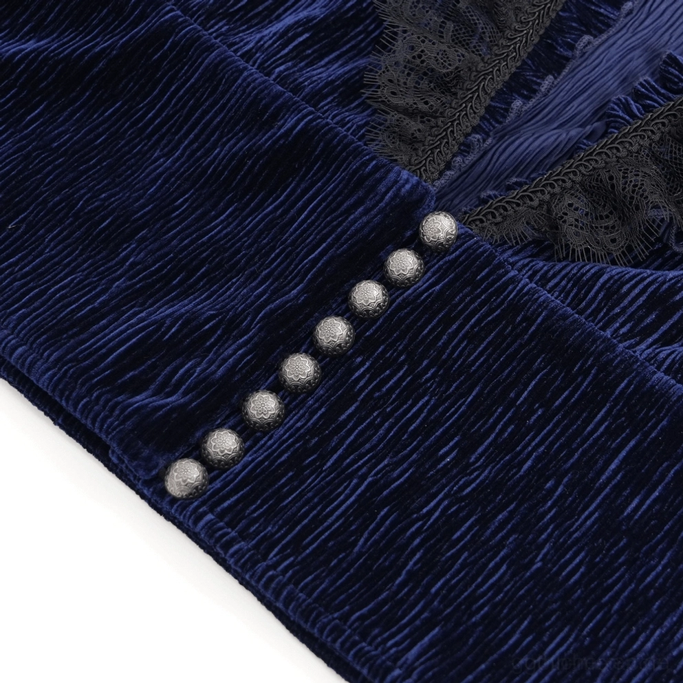 Makroaufnahme der Mitternachtsblauen Kreppsamtstruktur mit silbernen Perlmuttknöpfen und schwarzer Spitzendetail