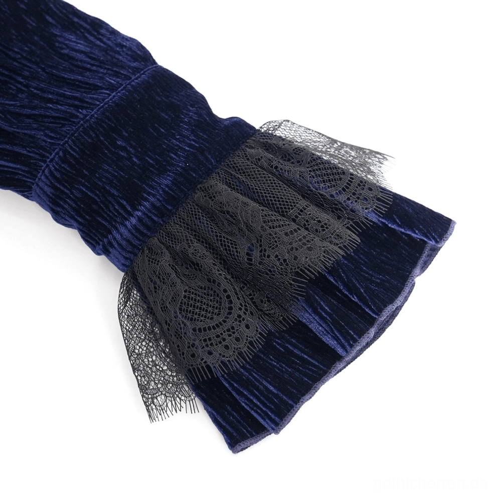Gotisches Mitternachtsblaues Samthem mit Perlmuttknopf-Verschluss und Spitzen-Vorderplakette-Detail