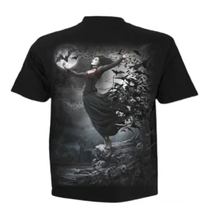 Rückansicht schwarzes Gothic-T-Shirt mit geisterhafter Frauensilhouette unter Mondsichel Fledermäuse und dunkler Friedhof Dark Fantasy Artwork Romantische Gothik