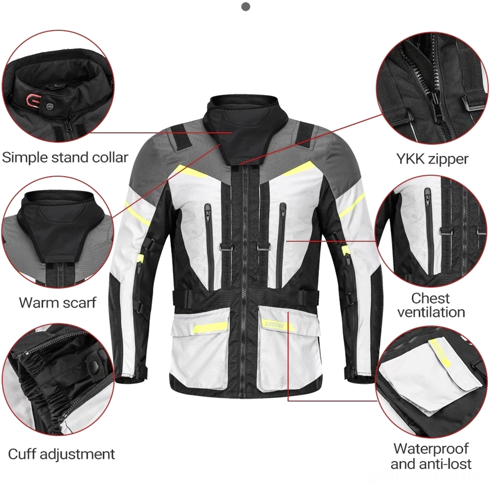 Moto Anzug technische Details Nahaufnahme YKK Reißverschluss Brustbelüftung wasserdichte Taschen Verschluss