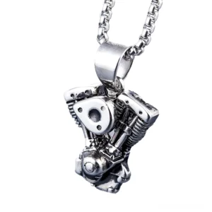 Motor-Anhänger Seitenperspektive Detailaufnahme, vintage Edelstahl Industrial-Schmuck, mechanisches Detail-Close-up gothic design
