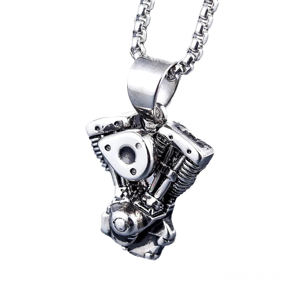 Motor-Anhänger Seitenperspektive Detailaufnahme, vintage Edelstahl Industrial-Schmuck, mechanisches Detail-Close-up gothic design