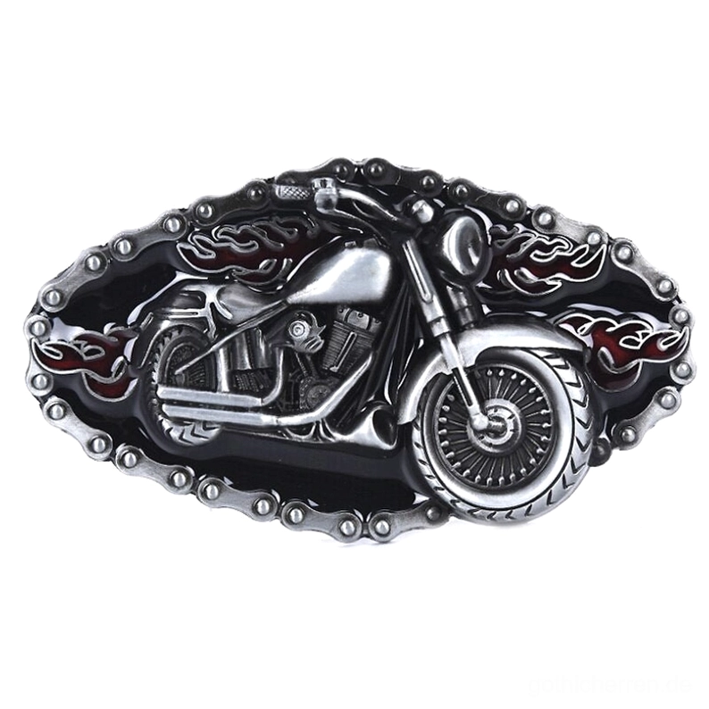 Motorrad Flammen Gürtelschnalle Draufsicht – Geprägte Gothic Biker Statement Schnalle mit Kettenbordüre und Vintage Silber-Schwarz Metallfinish in Flachlage