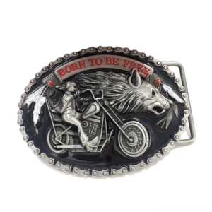 Motorrad Wolf Gothic Gürtelschnalle Vorderansicht mit Born to Be Free Slogan Silbermetall 3D-Reliefprägung Design