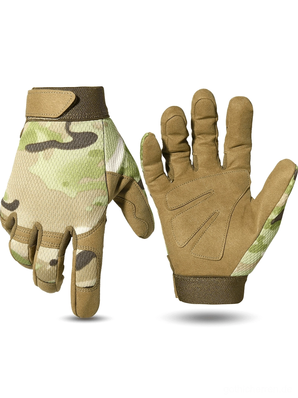 Multicam Camouflage Tactical Handschuhe mit komplexem Schichtmuster aus Grün, Braun und Schwarz für dystopische Gothic-Ästhetik