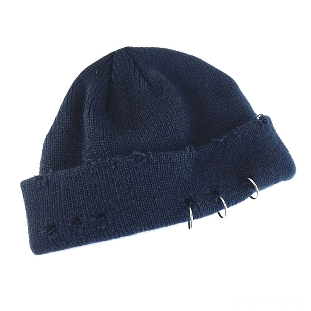 Navy-Blau Gothic-Distressed-Mütze mit Metallring-Akzenten, umgeschlagener Kante und Dark-Subkultur-Styling
