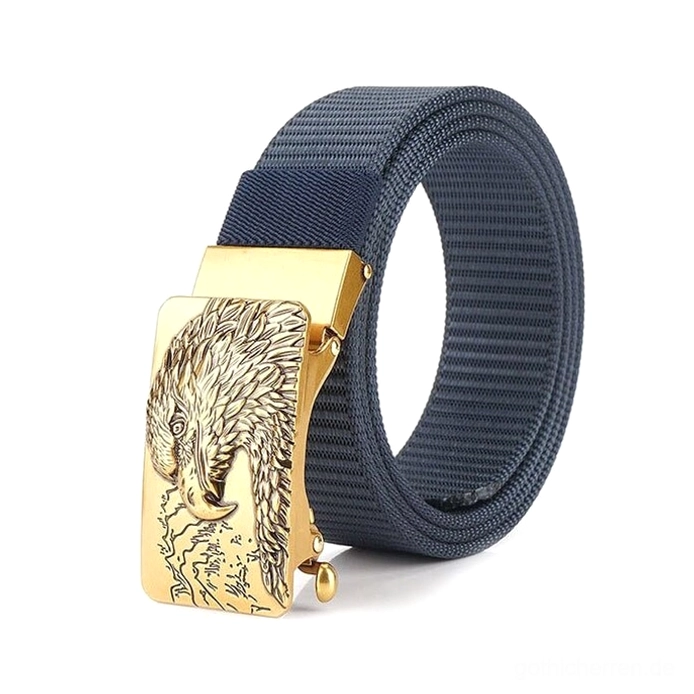Navy-blauer Gothic Tactical Gürtel mit goldfarbener Adler-Schnalle Seitenprofil zeigt Gürtelbreite und Schnallenpräsenz