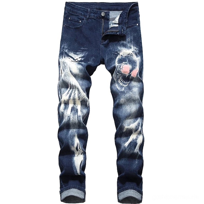 Navy-blaue zerrissene Denim-Jeans für Herren mit rosafarbenen Totenkopf-Augen und gebleichtem Fade-Design Frontansicht