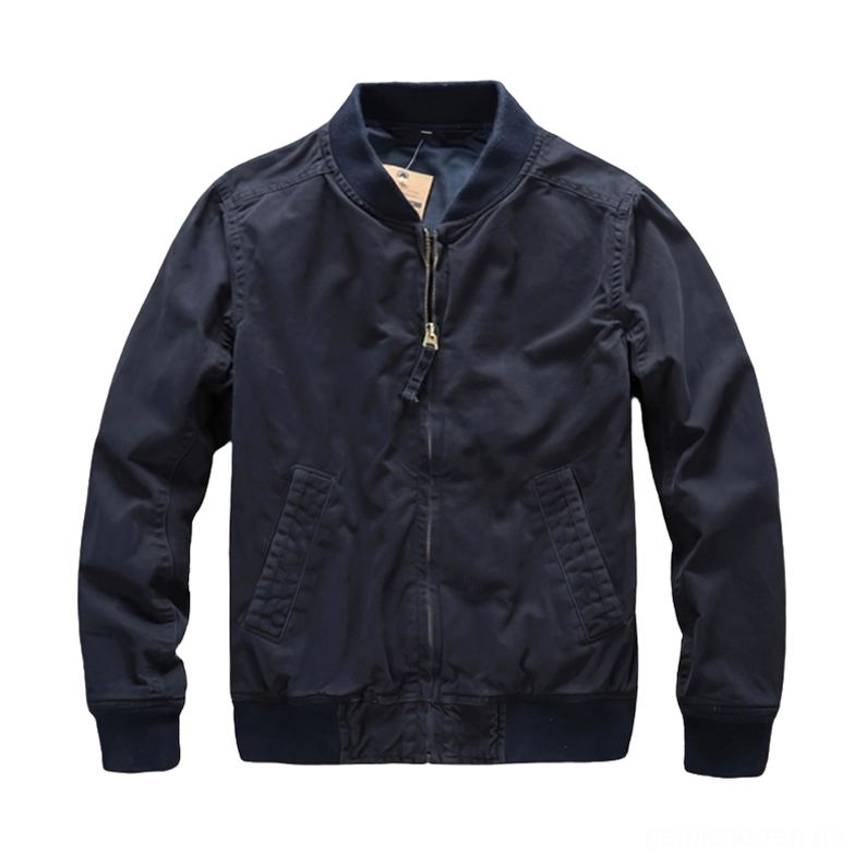 Navy Blau Denim Bomberjacke Vorderansicht, dunkle solide Färbung mit Metallreißverschluss und geripptem Saum im Flatlay-Format