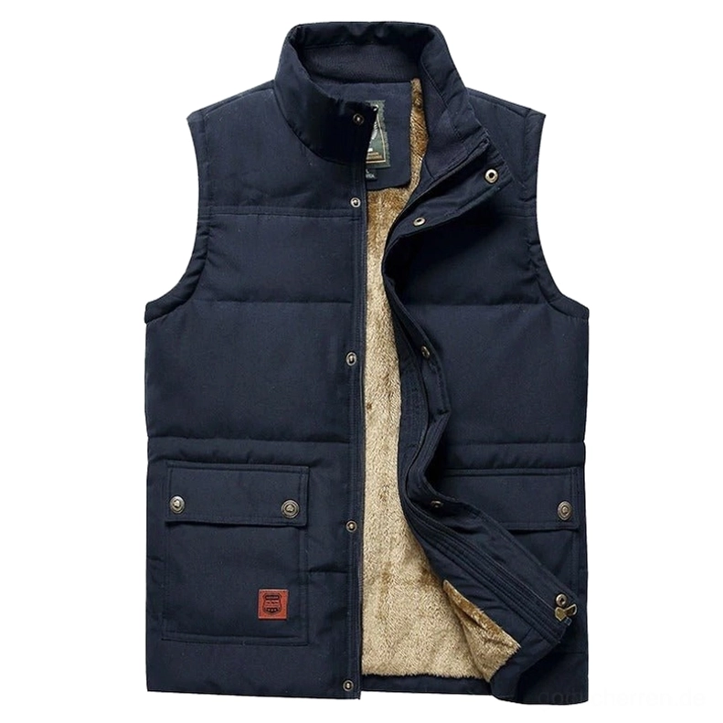 Marineblaue Cargo Gothic Work Weste halbgeöffnet mit Brust-Flap-Taschen und Hybrid Zip-Snap Verschluss, Alternative Herrenweste