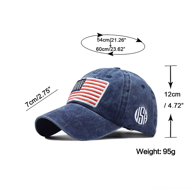 Marineblau Gothic USA Flagge Baseball Cap mit Größen- und Gewichtsspezifikationen, Produktmessungsdetails angezeigt, Referenzmuster zeigt Kopfumfang 54-60cm und Gewicht 95g