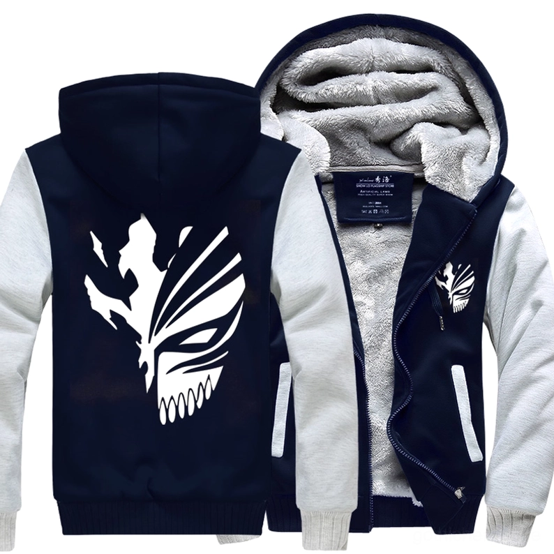 Marineblau und weiß farbblock gothic zip hoodie mit weißem skeleton mask druck, rückansicht dunkelgrauer flauschiger innenfütterung, zweifarbiger herren-goth-fleece-sweatshirt