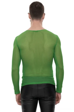 Durchsichtiges neon-grünes mesh-langarmshirt von hinten ansicht taillierte silhouette transparentes gewebe goth top