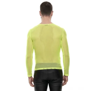 Herren Neongelbes Gothic Mesh-Shirt Rückenansicht taillierte Silhouette mit schwarzer Ledermode Studioaufnahme