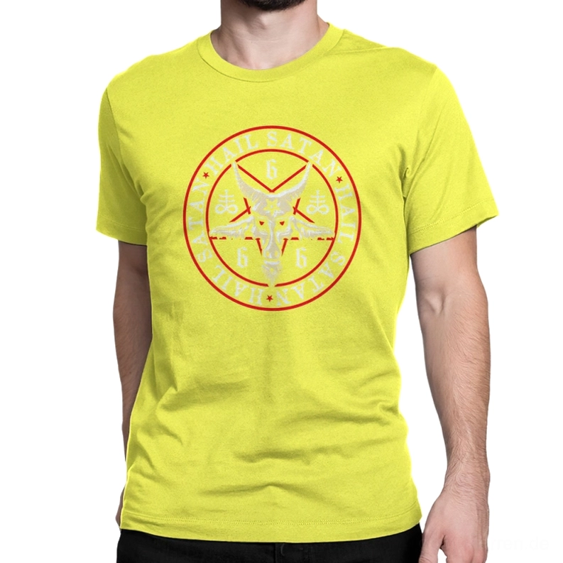 Leuchtendes Neongelb okkultes Pentagramm-T-Shirt auf Model – kontrastreiche Gothic-Statement mit rebellischer Ästhetik