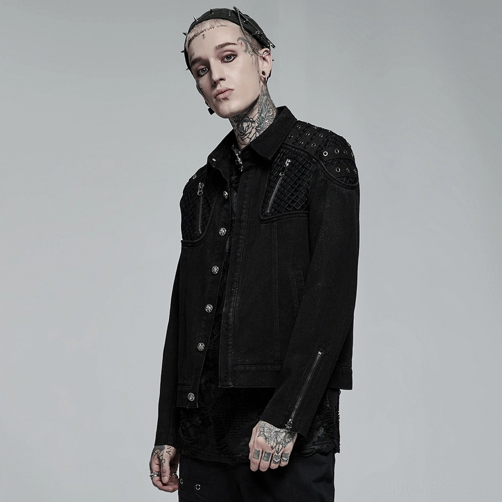Nieten-schwarze Denim-Jacke alternative Vorderansicht hebt Mesh-Splice-Integration und Schulter-Nieten hervor