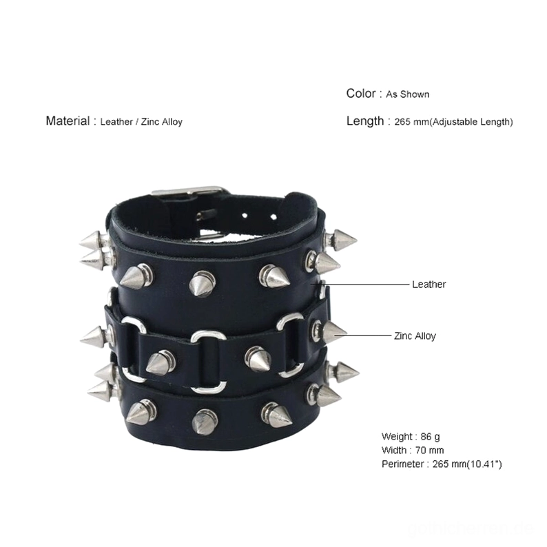 Beschriftete Frontansicht des gotischen Nieten-Armbands mit gekennzeichneten Materialspezifikationen, verstellbare Längenkennzeichnungen und Dimensionsangaben