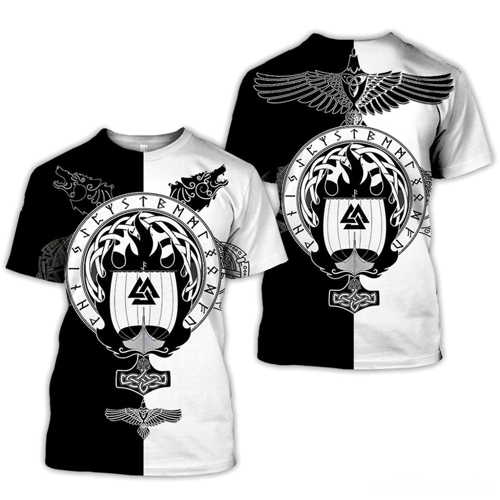 Nordisches Wikinger-Runenschrift-Gothic-Shirt Rückseite mit umgekehrtem Schwarz-Weiß-Split-Design, Raben- und Runensymbole auf Rückenmitte, hochauflösender 3D-Druck auf Köperbindung