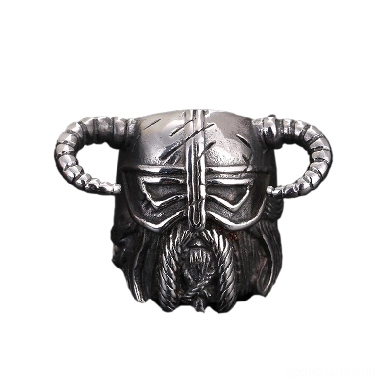Nordischer Kriegerhelm Ring Frontansicht – Antique Dark Silver Edelstahl mit geschnitzten Hörnern und Bartdetails
