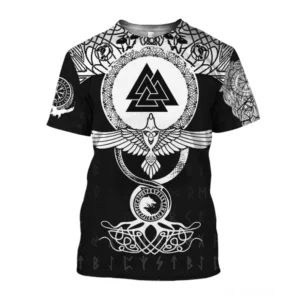 Nordisches Raven Compass und okkulte Rune Symbole auf der Rückseite des schwarzen gotischen Grafik-T-Shirts – Nordic Goth Tee Rückenansicht mit heiligen Symbolen