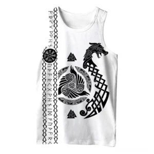Weißes nordisches Gothic Muskelshirt mit schwarzem Valknut-Dreieck, Runen und Raben-Okkult-Drucken auf der Vorderseite - minimalistisches Gothic Streetwear Tanktop