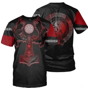 Rückansicht des Norse Raven Gothic Shirts - schwarzer Stoff mit großem Odin Raven und keltischem Knotenmuster in roter und weißer Grafik, Ärmeldetails mit Knotentrimmung
