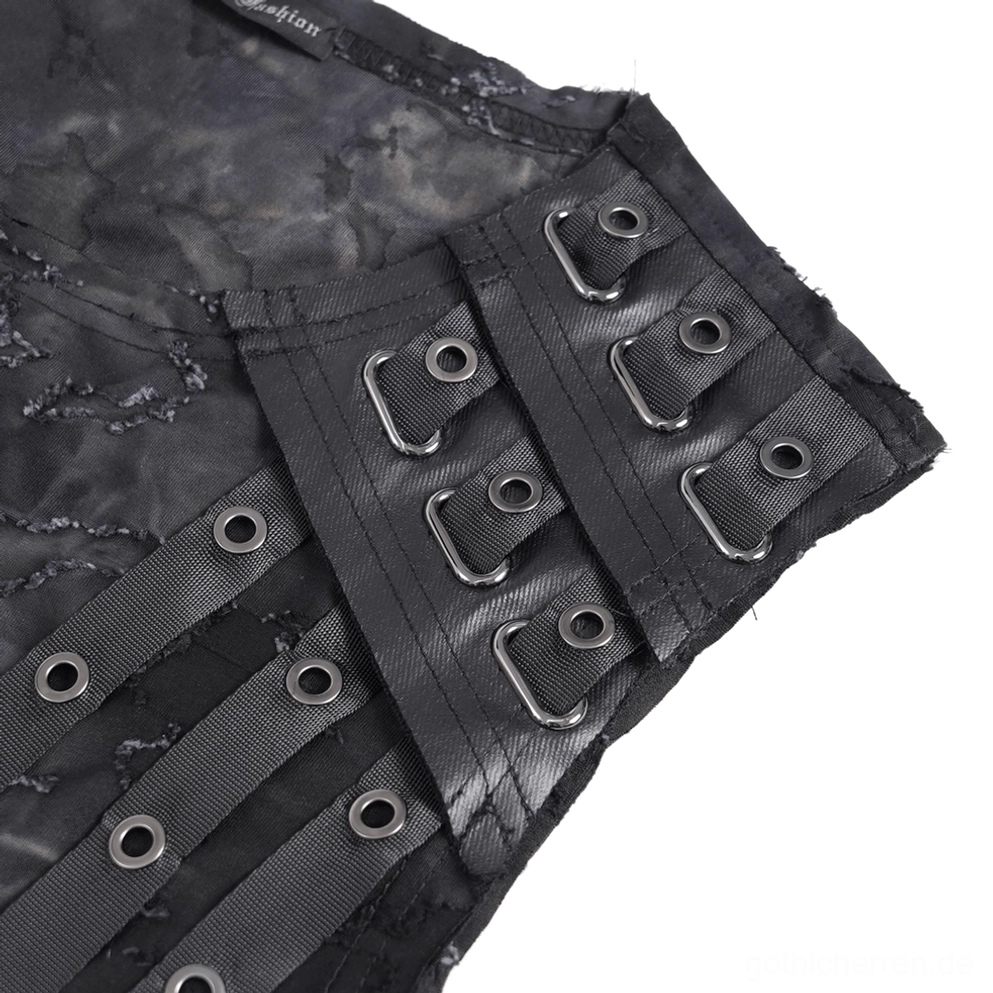 Detailaufnahme Kunstleder Ösen-Schnalle mit Metallösen und Webverzierungen feine Handwerkskunst dunkel zerrissener Stoff