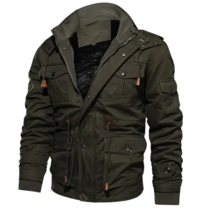 Olivgrüne Hooded Winter Fleece Mantel mit Kordelzug Toggles und Utility-Taschen Frontansicht