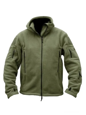 Olivgrüne taktische gothische Fleece-Kapuzenjacke Vorderansicht mit mehreren Reißverschlusstaschen und verstellbarem Kordelzugsaum