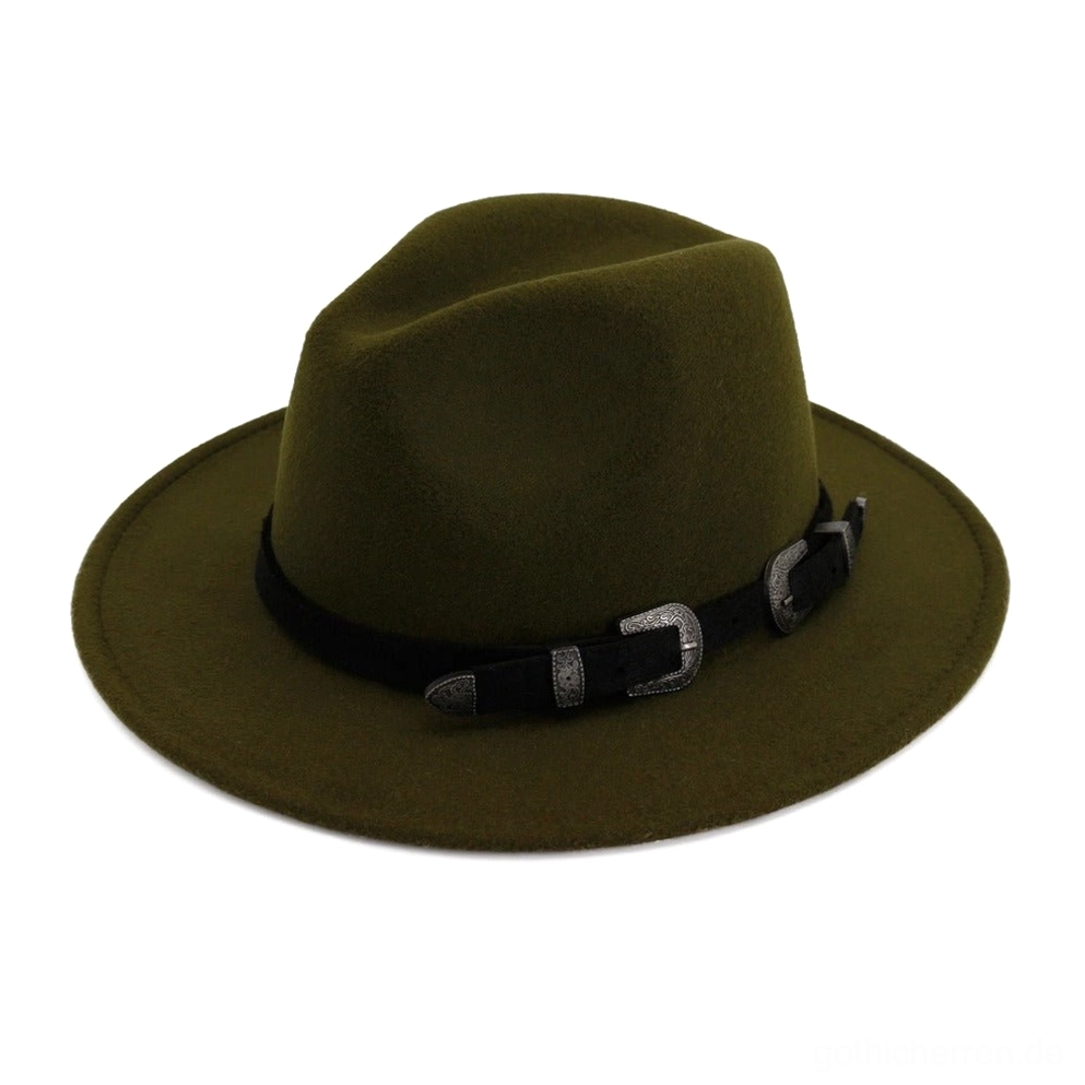 Olivgrüner vintage Trilby Hut mit antiken Westernschnallen auf Band, Alternative-Fashion Styling Produktansicht