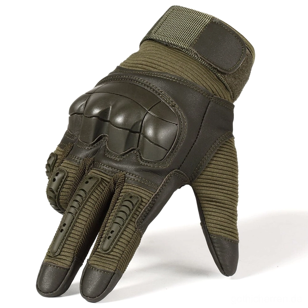 Olivgrüne taktische Kampfhandschuhe mit Vollfingerdesign, PU-Leder-Knöchelschutz und Textil-Stoff-Mischung für militärische Durabilität und gothic-alternative Ästhetik