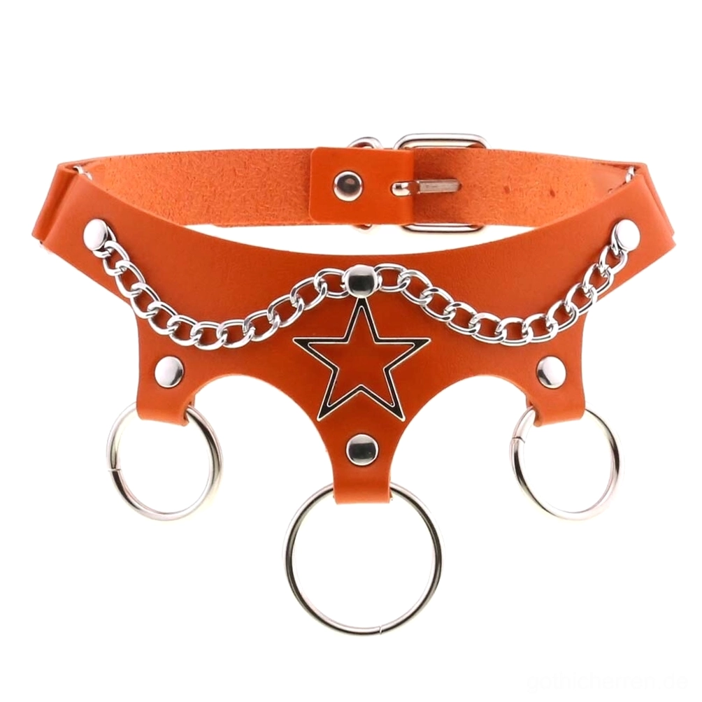 Orange Leder-Stern-Choker Punk-Stil mit Kettenverzierung kühnes Statement-Stück alternative Fashion