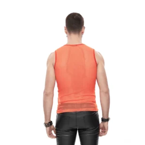 Herren Orange Mesh Muskelshirt Rückansicht - transparentes Polyamid-Netzgewebe mit schlankem Schnitt und Passformdetails